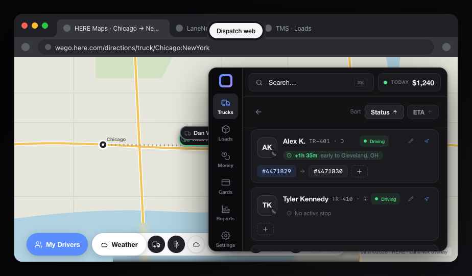 LoadNex dispatcher web: a truck-aware map with a docked panel listing trucks, their drivers, status and ETA.